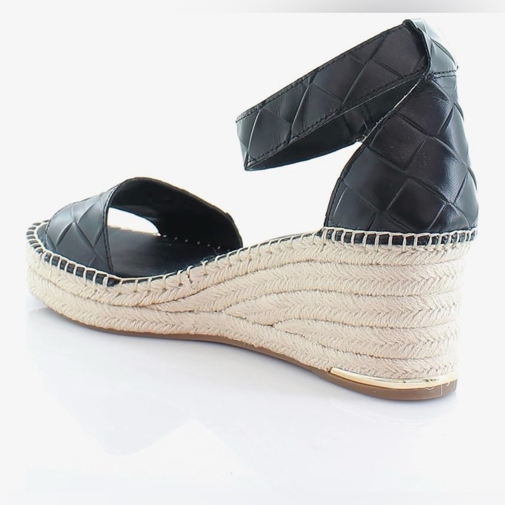 Franco Sarto Clemens Espadrille Wedge Sandals Black Leather Woven Strap Jute, 8 - Picture 9 of 11